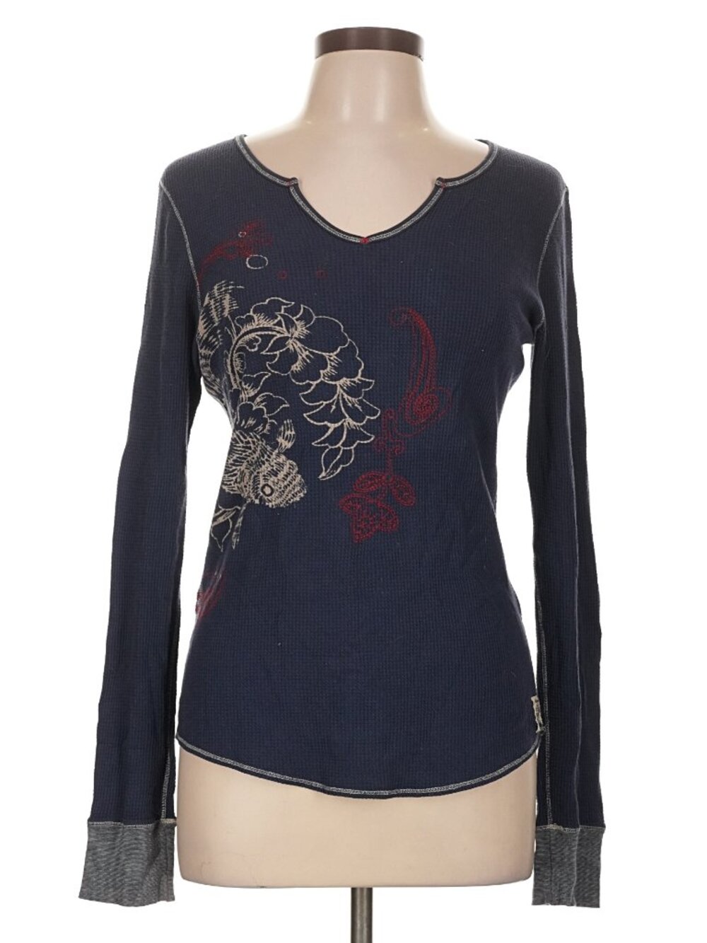Thermal Henley Embroidered Top Large KOI FISH ASIAN VINTAGE Y2K BOHO RARE